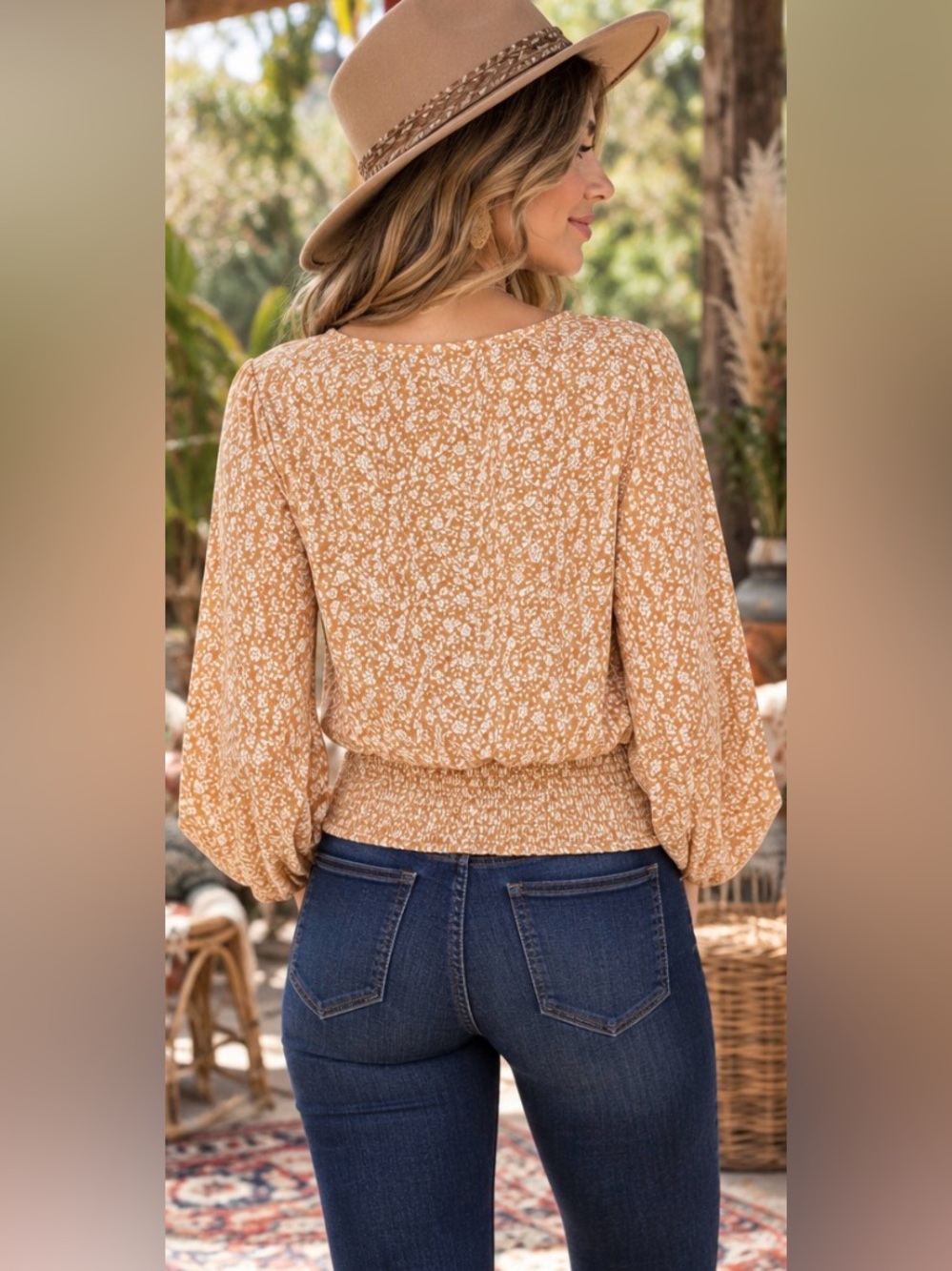 American Eagle Medium Boho Floral Crossover Wrap Blouse Smocked Waist Balloon - Picture 3 of 12